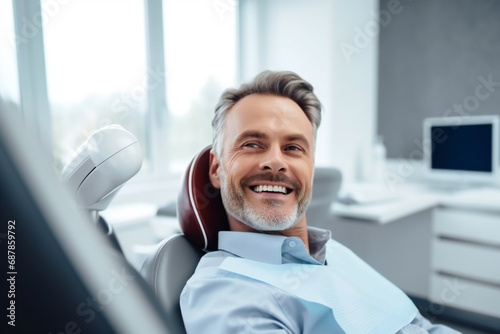 Handsome patient is sitting in chair and smiling while visiting a dentist