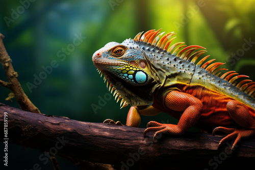 Vibrant Reptilian Elegance  Portrait of a Colorful Iguana Perched on a Branch