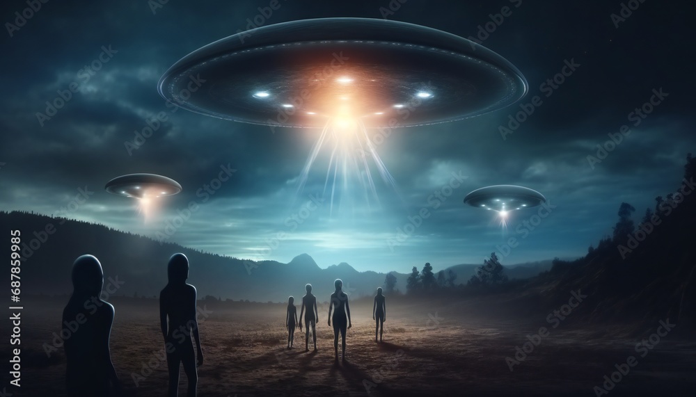 UFO. alien saucer hovering over a field. motionless in the air. unidentified flying object. alien invasion.