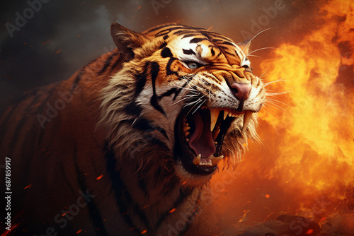 Inferno Instincts: Agressive Tiger Portrait with Flames Creating a Powerful Atmosphere