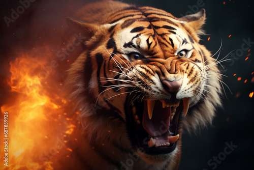 Inferno Instincts: Agressive Tiger Portrait with Flames Creating a Powerful Atmosphere