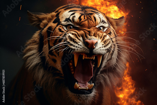 Fiery Ferocity: Intense Portrait of a Roaring Tiger Amidst Blazing Flames