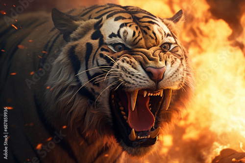 Fiery Ferocity: Intense Portrait of a Roaring Tiger Amidst Blazing Flames