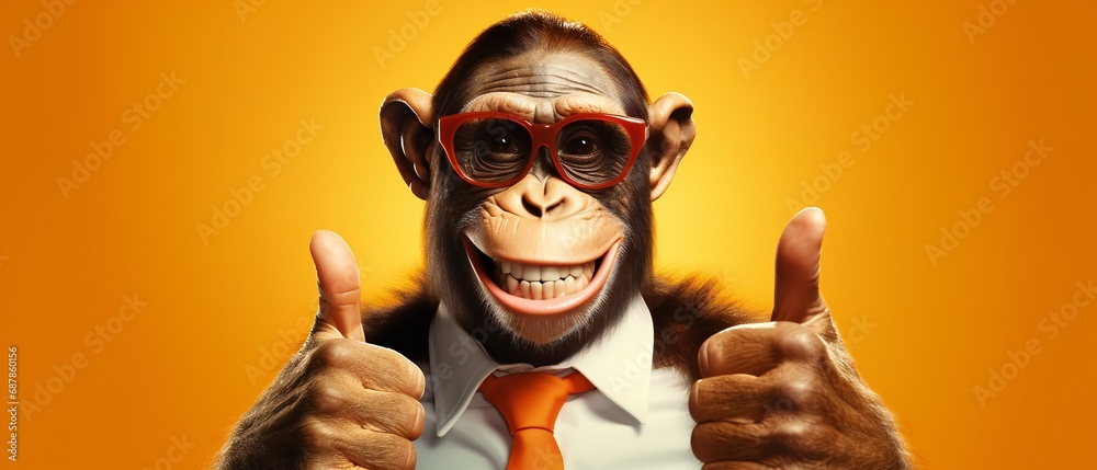 monkey wearing glasses and tie smiles and shows thumbs up on yellow background monkey wearing glasses and tie smiles and shows thumbs up on yellow background