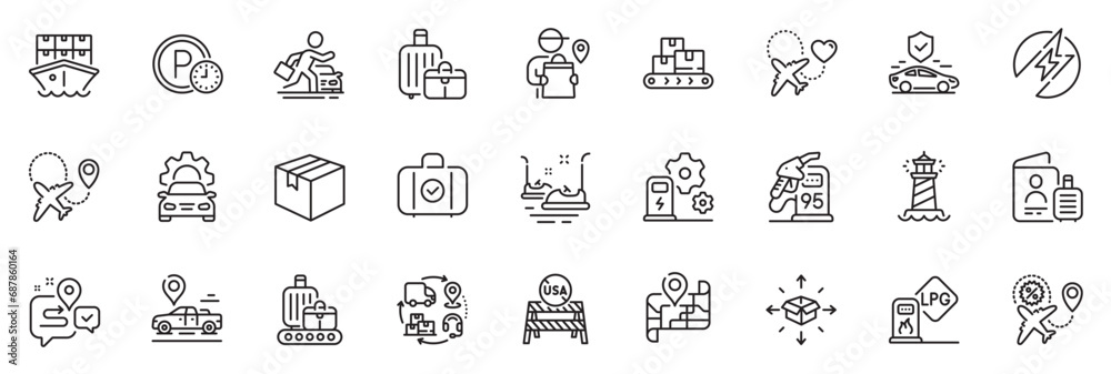 Icons pack as Car place, Carry-on baggage and Car service line icons for app include Parking time, Supply chain, Map outline thin icon web set. Gas station, Parcel delivery. Vector