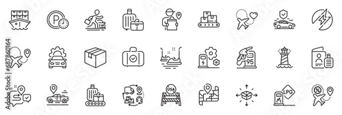 Icons pack as Car place, Carry-on baggage and Car service line icons for app include Parking time, Supply chain, Map outline thin icon web set. Gas station, Parcel delivery. Vector