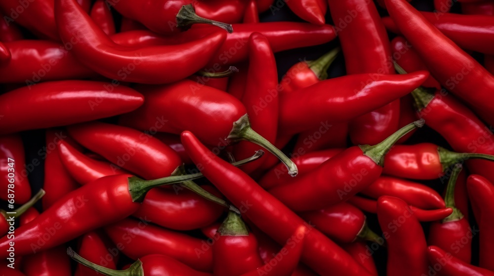 Many red peppers are put together. Spicy chili peppers for cooking