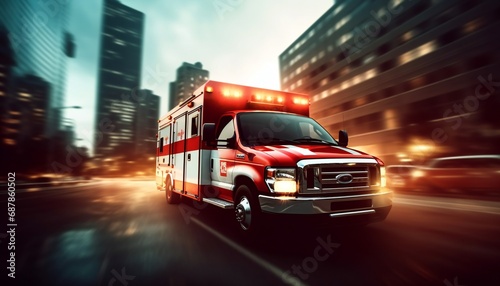 Ambulance driving on the highway with cityscape in the background