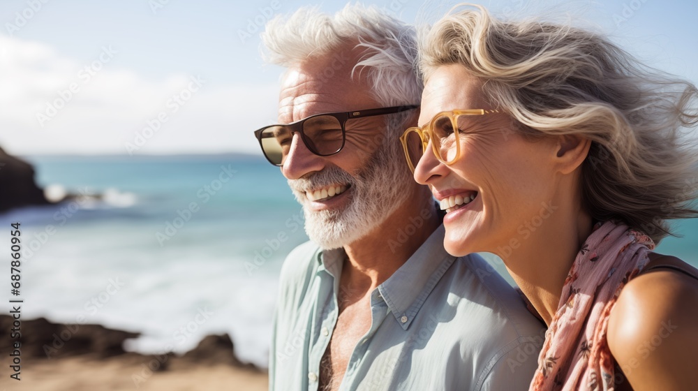 Senior elegant couple caucasian man and woman at retirement vacation leading active lifestyle and caring about their skin near the sea Senior elegant couple caucasian man and woman at retirement vacation leading active lifestyle and caring about their skin near the sea