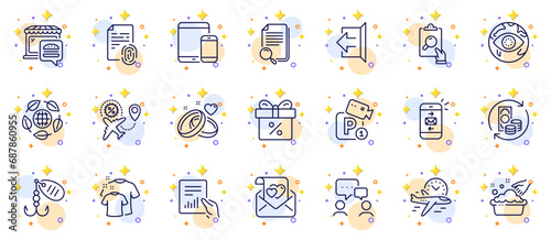 Outline set of Sign out, Parking security and Discount offer line icons for web app. Include Food market, Mail, Clean t-shirt pictogram icons. Fishing lure, Document, Cyber attack signs. Vector