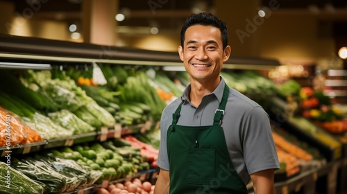 Cheerful Eastern European grocery store manager or food store assistant vegetable and fruit retailer wearing dark green apron with colorful vegetables on the background