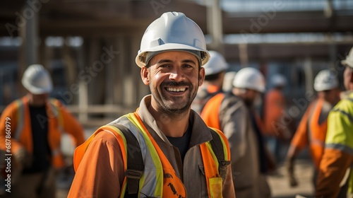 Happy diverse construction team workers at construction site on sunny day wearing safety gear and hard hats © Wendy2001
