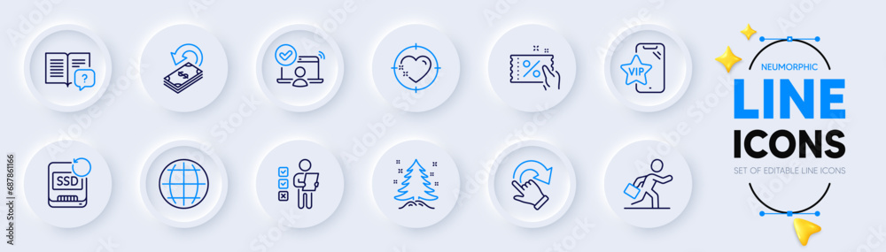 Cashback, Christmas tree and Discount coupon line icons for web app. Pack of Globe, Voting ballot, Online access pictogram icons. Instruction manual, Businessman run, Rotation gesture signs. Vector Cashback, Christmas tree and Discount coupon line icons for web app. Pack of Globe, Voting ballot, Online access pictogram icons. Instruction manual, Businessman run, Rotation gesture signs. Vector
