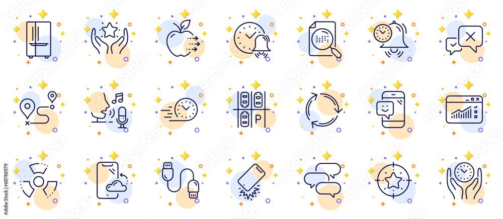 Outline set of Smile, Parking place and Ranking line icons for web app. Include Smartphone broken, Microphone, Search file pictogram icons. Smartphone cloud, Alarm bell, Talk bubble signs. Vector Outline set of Smile, Parking place and Ranking line icons for web app. Include Smartphone broken, Microphone, Search file pictogram icons. Smartphone cloud, Alarm bell, Talk bubble signs. Vector