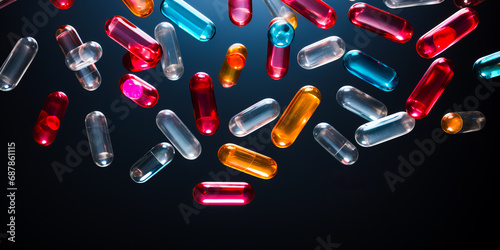 Lot of colorful capsules or pills falling against dark background. Pharmaceutical industry future