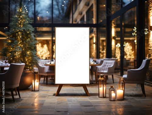 Outdoor restaurant patio with festive lighting and blank white billboard. Seasonal dining concept. Generative AI