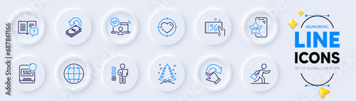 Cashback, Christmas tree and Discount coupon line icons for web app. Pack of Globe, Voting ballot, Online access pictogram icons. Instruction manual, Businessman run, Rotation gesture signs. Vector