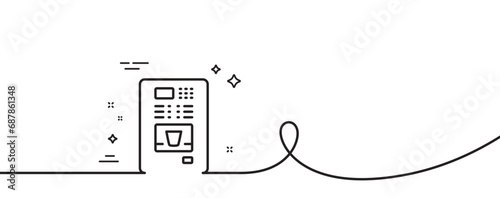 Coffee vending machine line icon. Continuous one line with curl. Hot drink sign. Fresh beverage symbol. Coffee vending single outline ribbon. Loop curve pattern. Vector