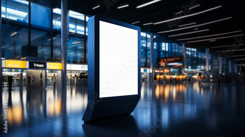 Illuminated airport hall with futuristic blue light and information desk mockup. Travel and technology concept. Generative AI photo