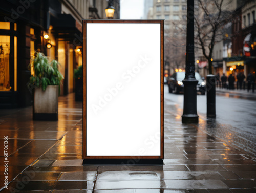 Street-level billboard mockup with blank space for advertising on a rainy city sidewalk. Urban marketing concept. Generative AI