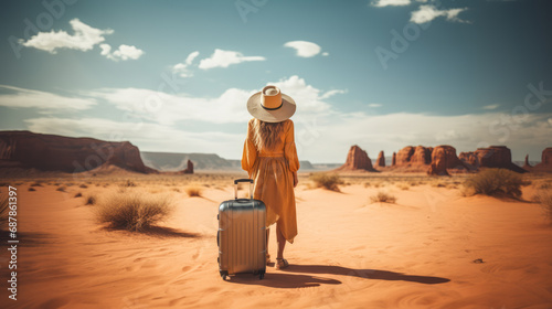 Woman traveler with hat and suitcase trekking through desert with mountain backdrop. Travel and discovery concept. Generative AI © ImageFlow