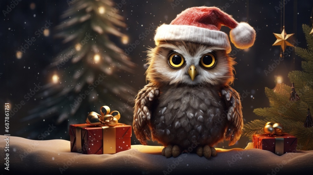 An owl wearing a santa hat sitting on a snowy hill