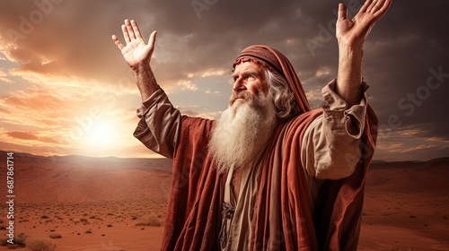 Old prophet in robe with beard prays smiling with widely spread arms raised to sky standing on hill by lake. Old happy prophet prays to God for good harvest on top of mountain near reservoir photo