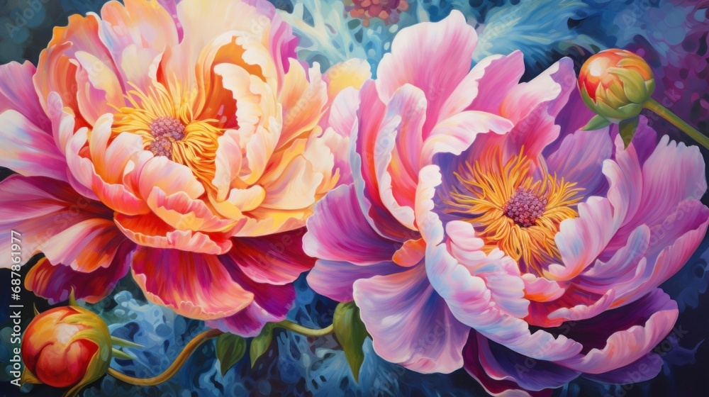 A painting of two pink and yellow flowers A painting of two pink and yellow flowers