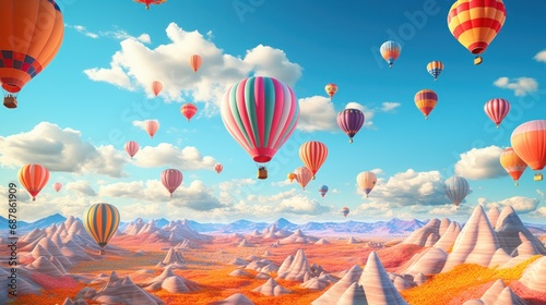 A group of hot air balloons flying through the sky