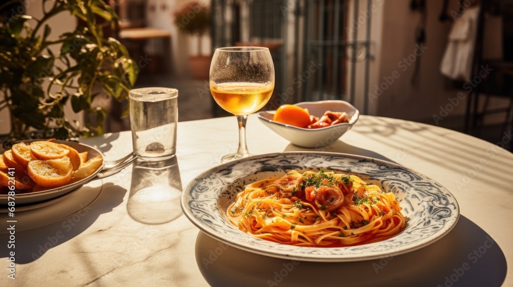 A plate of pasta and a glass of wine on a table