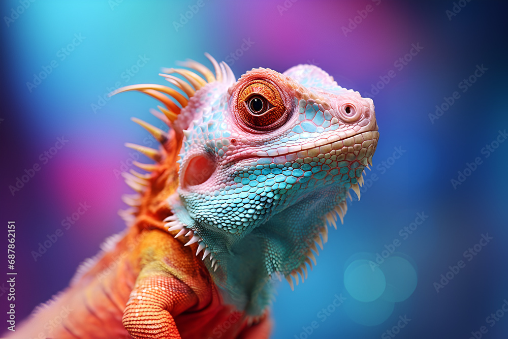 Сlose up view of cute colorful exotic lizard on colorful background Сlose up view of cute colorful exotic lizard on colorful background