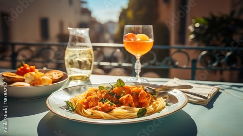 A plate of pasta and a glass of wine on a table