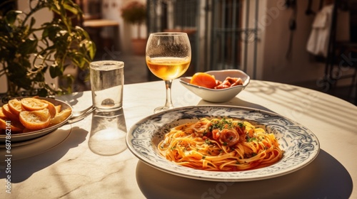 A plate of pasta and a glass of wine on a table