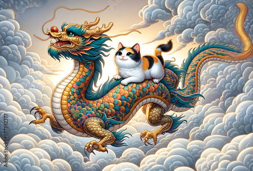 龍と共に駆け昇る三毛猫（年賀状素材） photo