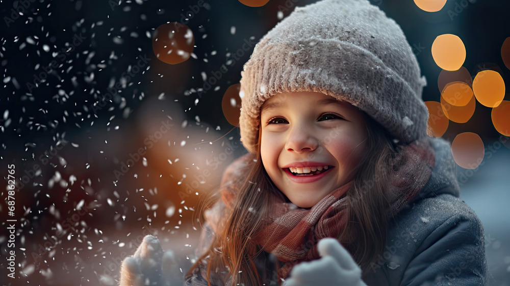 Little girl with christmas lights enjoying the holidays outdoors in snowfall. Happy cute child girl playing with Chistmas festive magic lights Little girl with christmas lights enjoying the holidays outdoors in snowfall. Happy cute child girl playing with Chistmas festive magic lights
