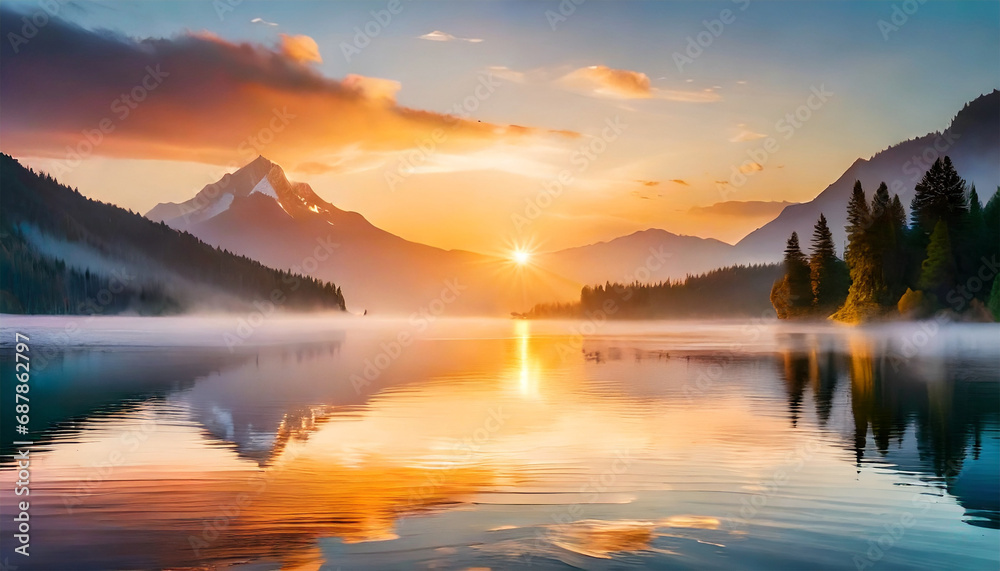 Picturesque sunset over a calm lake, with colorful reflections on the water