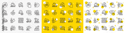 Furniture move, rent space and adhesive tape set. Moving service line icons. Package delivery, relocation service and carrying man line icons. Move parcel, delivery truck and maze labyrinth. Vector