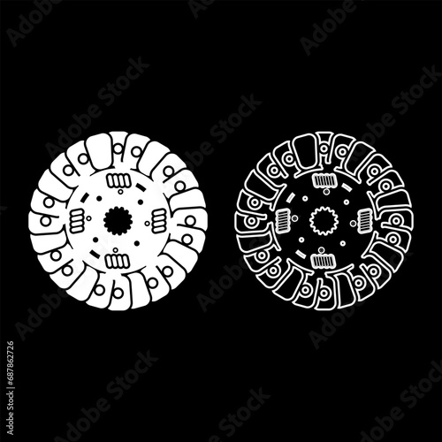Car clutch disk cover cohesion transmission auto part plate kit repair service set icon white color vector illustration image solid fill outline contour line thin flat style