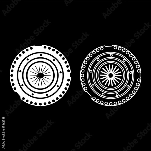 Car clutch basket cover cohesion transmission auto part plate kit repair service set icon white color vector illustration image solid fill outline contour line thin flat style