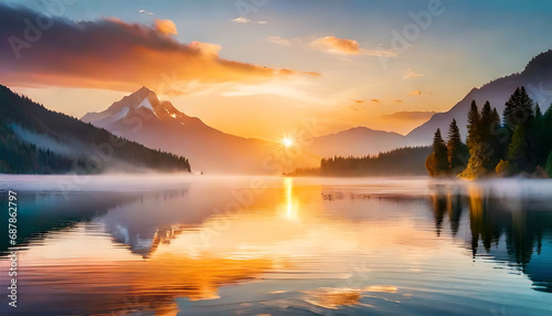 Picturesque sunset over a calm lake, with colorful reflections on the water