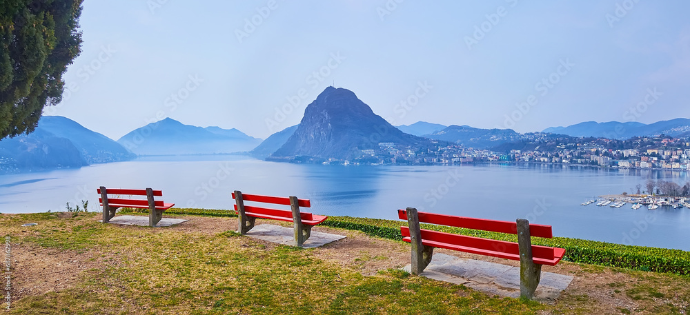 Panorama of Parco San Michele and Lake Lugano, Castagnola, Lugano, Switzerland