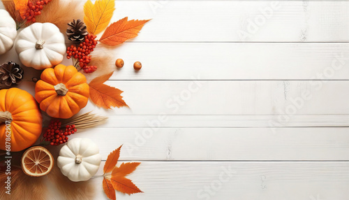 Autumn background with pumpkins  leaves and berries on a white wooden table