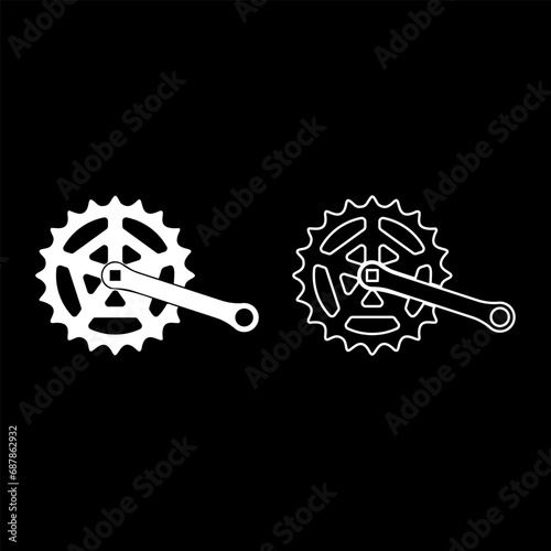 Crankset cogwheel sprocket crank length with gear for bicycle cassette system bike set icon white color vector illustration image solid fill outline contour line thin flat style