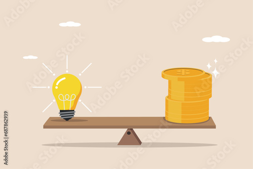 Expensive brilliant ideas, brilliant ideas of equal value, valuable ideas, business idea concepts, big ideas light bulbs equal expensive money on a seesaw.