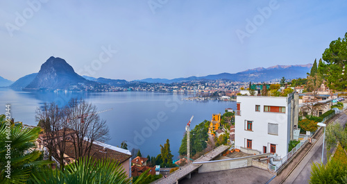 Panorama of Lake Lugano with Monte San Salvatore and roofs of Castagnola, Lugano, Switzerland
