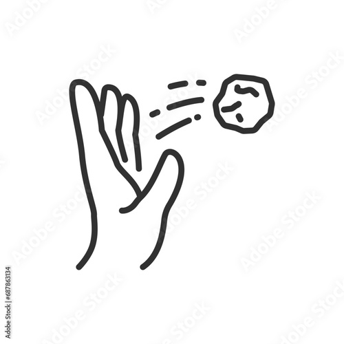 A hand throws a rock, linear icon. Line with editable stroke