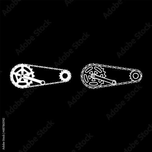 Chain bicycle link bike motorcycle two element crankset cogwheel sprocket crank length with gear for bicycle cassette system bike set icon white color vector illustration image solid fill outline 