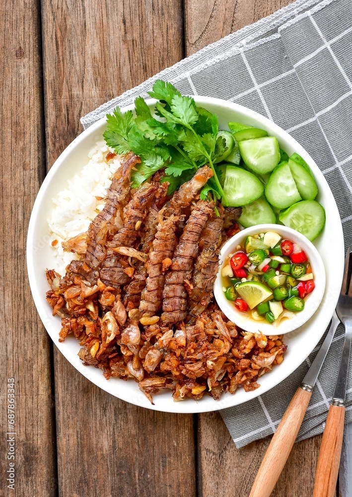 Rice fried Mantis shrimp with garlic , thai food, kang, top view food table Rice fried Mantis shrimp with garlic , thai food, kang, top view food table