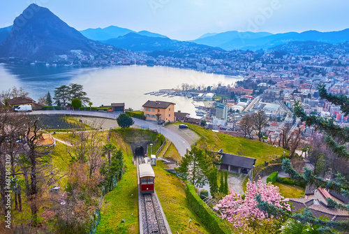 Monte San Salvatore, funicular and Lake Lugano from Albonago village, Switzerland photo