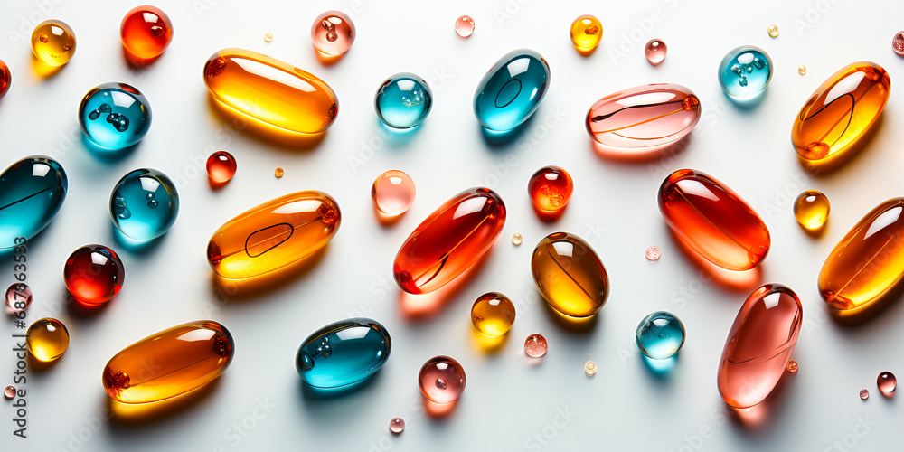 Lot of colorful pills lying on table close up white background. Pharmaceutical industry Lot of colorful pills lying on table close up white background. Pharmaceutical industry